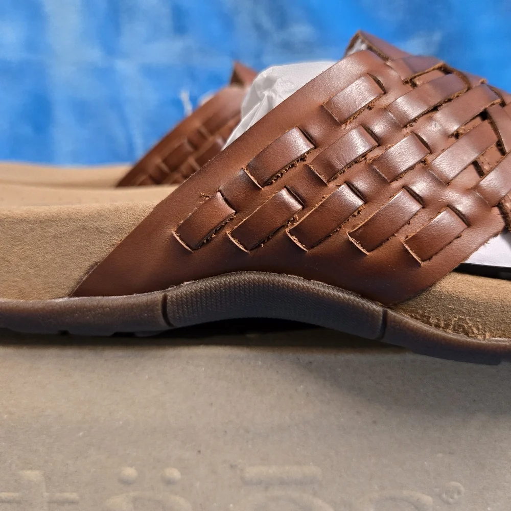 Taos Footwear Cognac Tan Woven Leather Slide Sandal